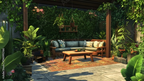 Patio. Garden. Outdoor living space with couch, table and pillow.