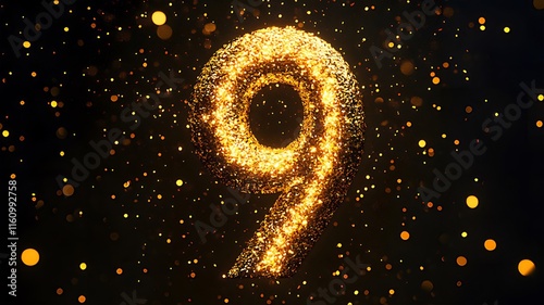 Glowing gold number nine formed by particles on black background. photo