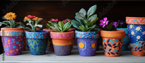 A set of clay pots painted with bold nature patterns, displayed in a playful setting.