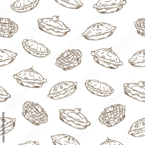 Pie cake doodle sketch seamless pattern on white background. Apple pie motif. Bakery wallpaper, wrap. print, packaging