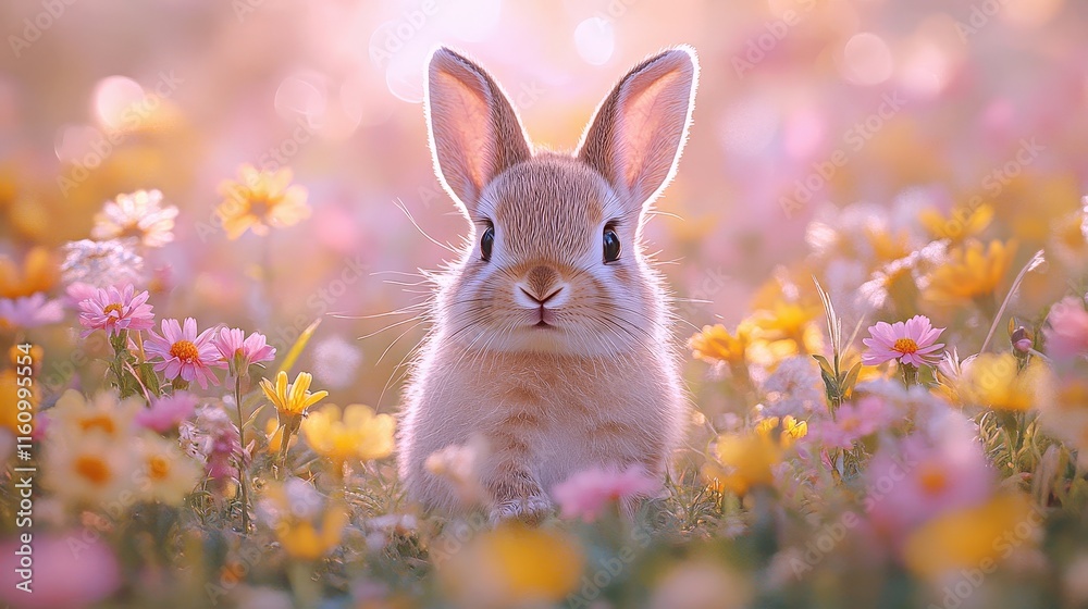 Baby rabbit frolics joyfully in a vibrant field of wildflowers under ...