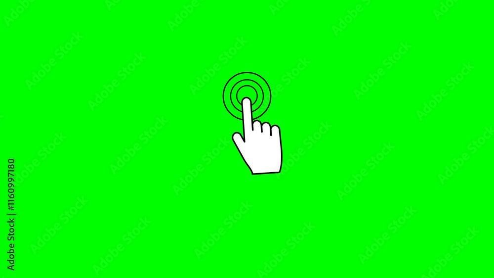animation template. hand icon touching screen on green background	