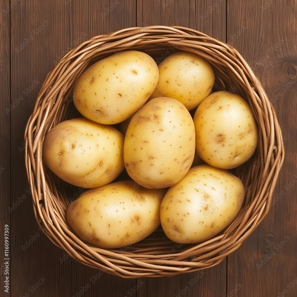 Wicker Basket of Potatoes, Realistic Food Image Wicker Basket of Potatoes, Realistic Food Image