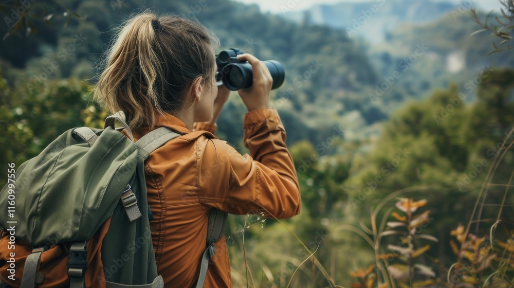 Woman hiker with backpack on a hiking trip in nature, using binoculars Woman hiker with backpack on a hiking trip in nature, using binoculars