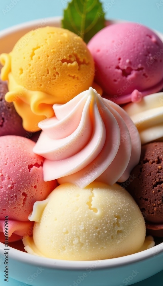 Close-up of creamy gelato scoops in various flavors , gelato, background image Close-up of creamy gelato scoops in various flavors , gelato, background image