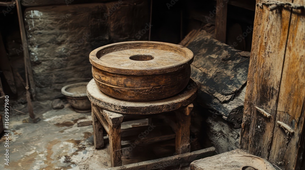 Historical pottery wheel made of wood, designed to replicate ancient clay pots. Historical pottery wheel made of wood, designed to replicate ancient clay pots.