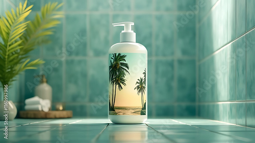 Tropical Scent Body Wash Bottle Mockup with Palm Tree Design in Shower Setting photo