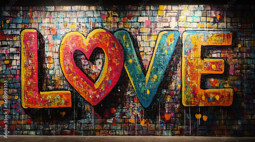Fototapeta premium Colorful Love Graffiti on Brick Wall - Vibrant Street Art