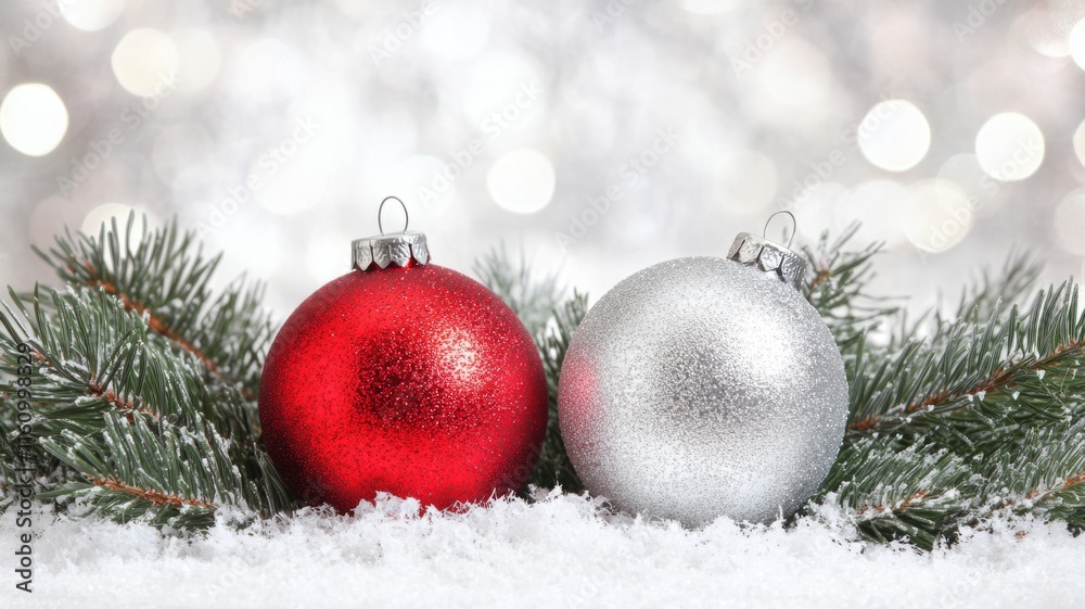 Red and Silver Ornaments Resting on Snowy Branches Red and Silver Ornaments Resting on Snowy Branches