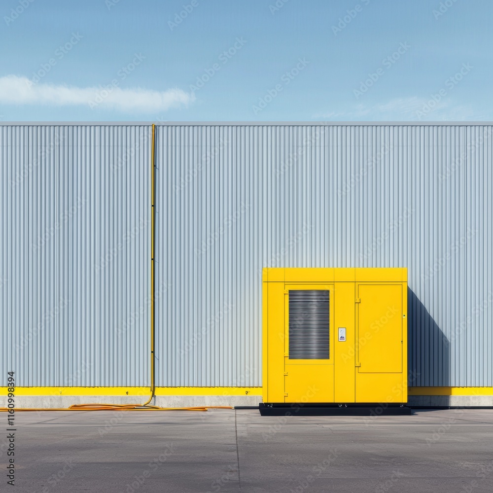 Fototapeta premium Bright Yellow Utility Box Against Gray Industrial Wall Background