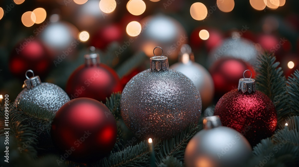 Festive Christmas Ornaments Adorn Sparkling Tree Branches Festive Christmas Ornaments Adorn Sparkling Tree Branches