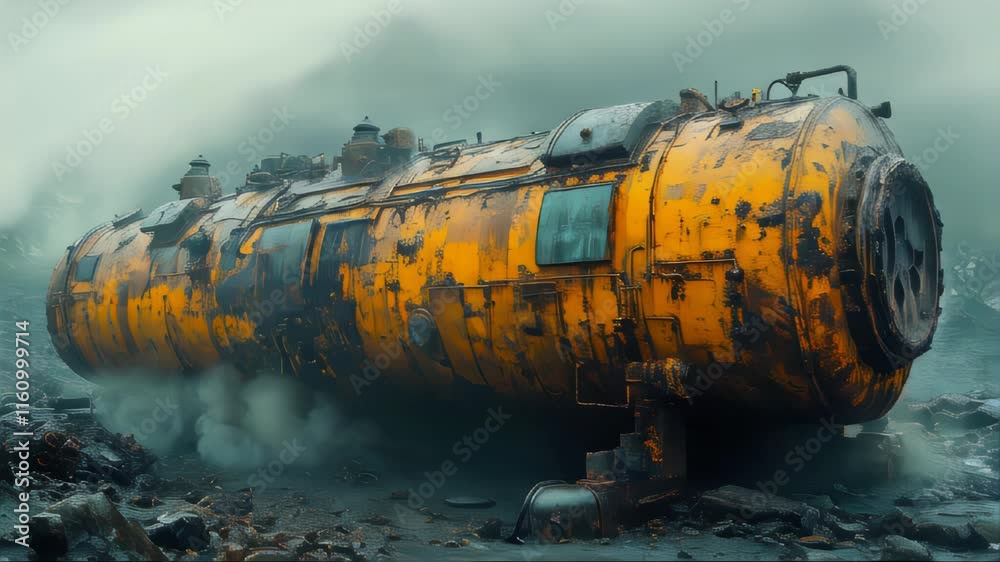 A massive rusty yellow tank in a foggy industrial landscape, highlighting decay and industrial history A massive rusty yellow tank in a foggy industrial landscape, highlighting decay and industrial history