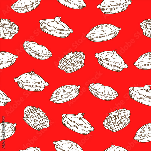 Pie seamless pattern. Hand drawn pie cake sketch on red background. Apple pie motif. Pastry, bakery wallpaper, wrap. print, packaging