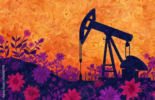 Silhouette of Oil Pump Against Vibrant Floral Background photo