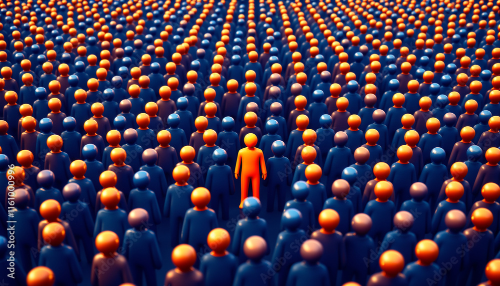 Obraz premium Unique figure stands out among numerous identical silhouettes in a vast crowd