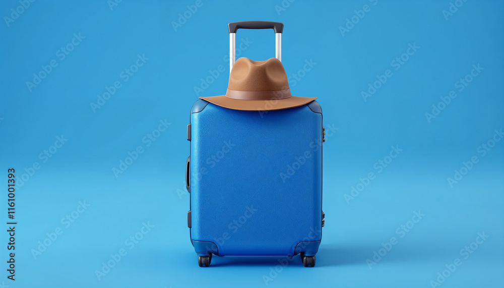 Travel essentials with a suitcase and a brown hat on a blue background for adventure preparation Travel essentials with a suitcase and a brown hat on a blue background for adventure preparation