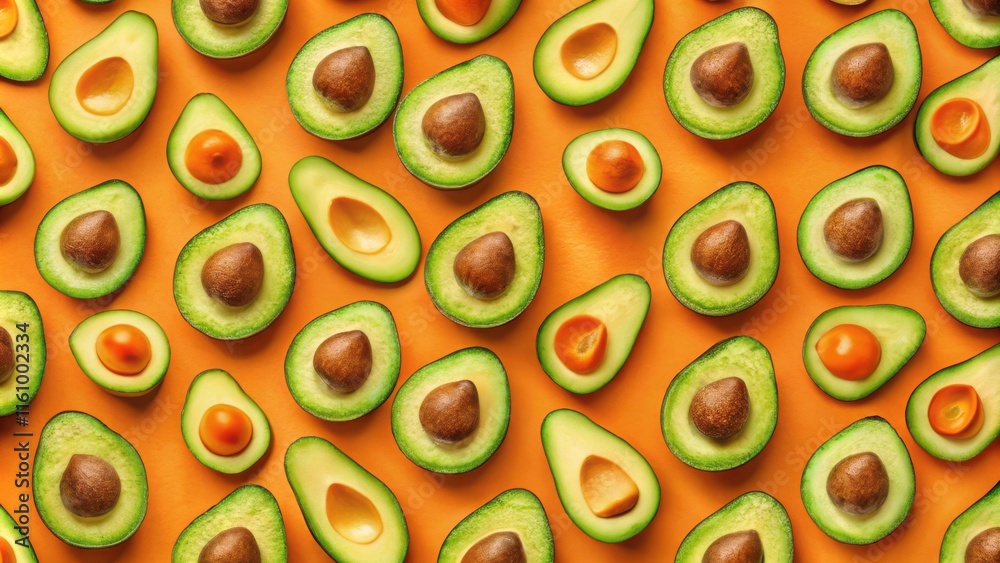 A vibrant pattern of sliced avocado halves with their seeds exposed, arranged on a bright orange background. A vibrant pattern of sliced avocado halves with their seeds exposed, arranged on a bright orange background.