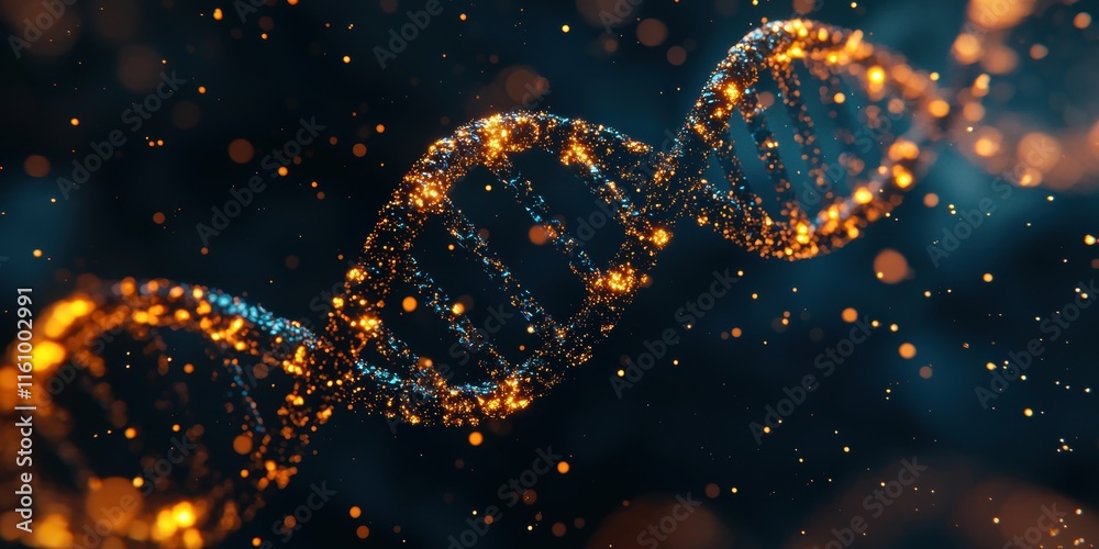Sparkling DNA Helix with Glowing Particles in Dark Background Sparkling DNA Helix with Glowing Particles in Dark Background