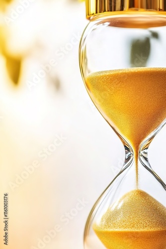 close-up of hourglass with golden sand flowing smoothly under soft natural light with blurred background