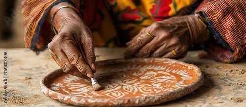 Carefully painting a traditional design on a mud pottery plate, with every stroke showing precision. photo