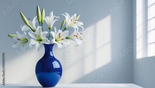 A tall cobalt blue flower vase with contrasting white lilies in a modern setting