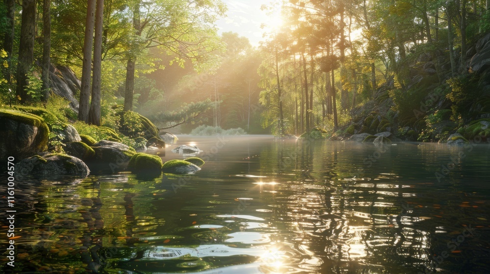 Serene lake surrounded by trees and rocks with sunlight streaming through the forest. Serene lake surrounded by trees and rocks with sunlight streaming through the forest.