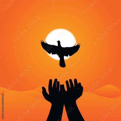 Dream Birds Flying Away, the bird flying out of a bird an open hands. Symbolizing freedom, hope, and the pursuit of dreams. Bird set free vector illustration.