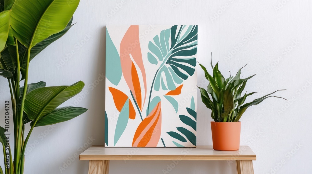 Abstract tropical leaf art print on a wooden shelf with plants.