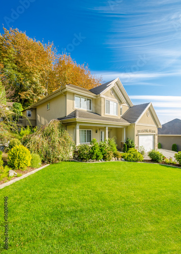 Two story luxury house with beautiful summer  landscape in Vancouver, Canada, North America. Day time on June 2024.