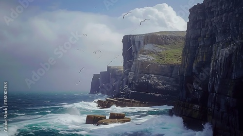 Cliffs are towering natural formations that rise abruptly from their surroundings, often found along coastlines, riverbanks, or mountainous regions. These vertical or near-vertical rock faces are carv photo