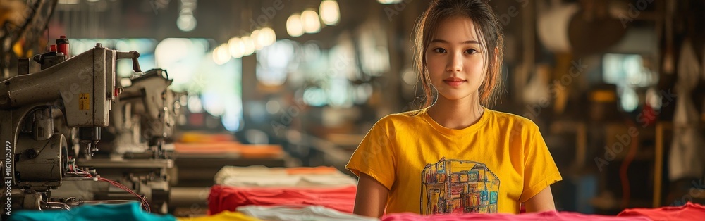 Fototapeta premium Worker overseeing colorful t-shirt printing in factory