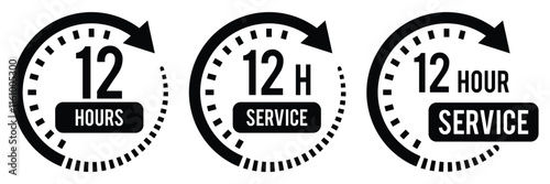12 hours service icon. 12 hours service duration sign. Flat design vector illustration on white background.