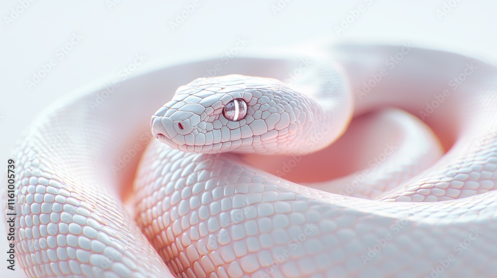 Fototapeta premium Elegant White Snake Coiled on Soft White Background