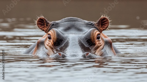 Close-up of a hippopotamus's head emerging from calm water. photo