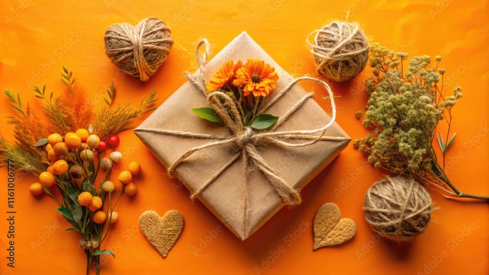 A rustic brown gift box adorned with a delicate orange flower arrangement, wrapped with twine and placed on a vibrant orange background surrounded by dried flowers, heart shapes, and balls of twine. A rustic brown gift box adorned with a delicate orange flower arrangement, wrapped with twine and placed on a vibrant orange background surrounded by dried flowers, heart shapes, and balls of twine.