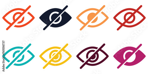 Invisible eye hide icon, incognito icon no eye view hidden icon set. Vision icon, unsee icons, eyesight symbol, sight look sign.