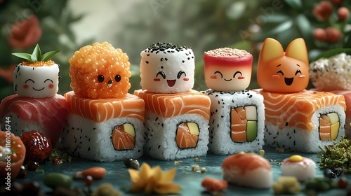 Cute sushi characters in a vibrant, playful setting. A digital illustration of happy, smiling sushi rolls. smiling sushi pieces, photo