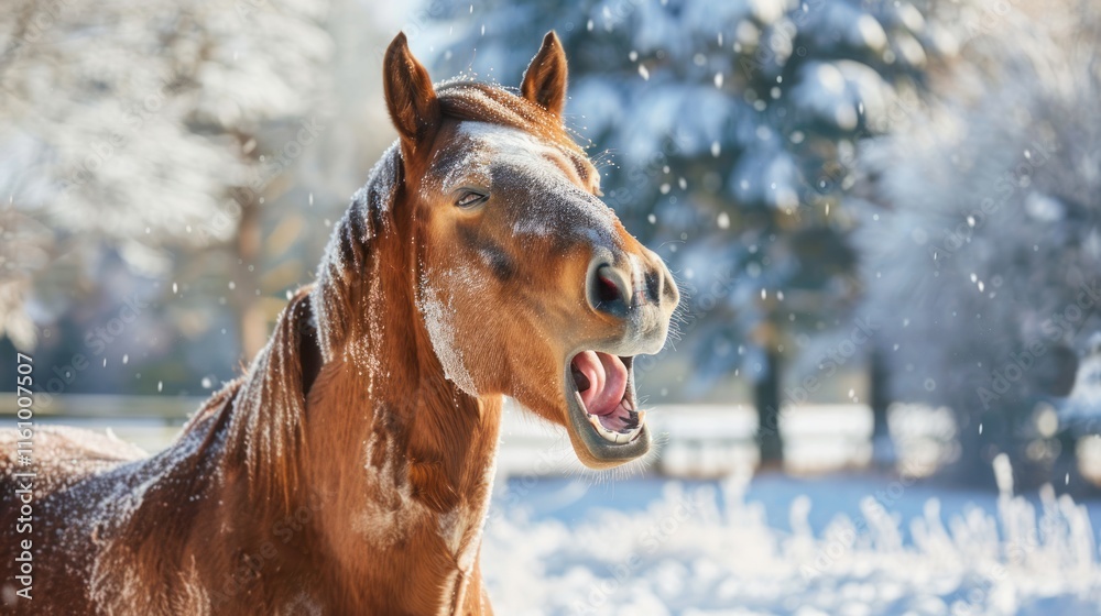 Obraz premium Brown horse yawns with snow falling in winter.