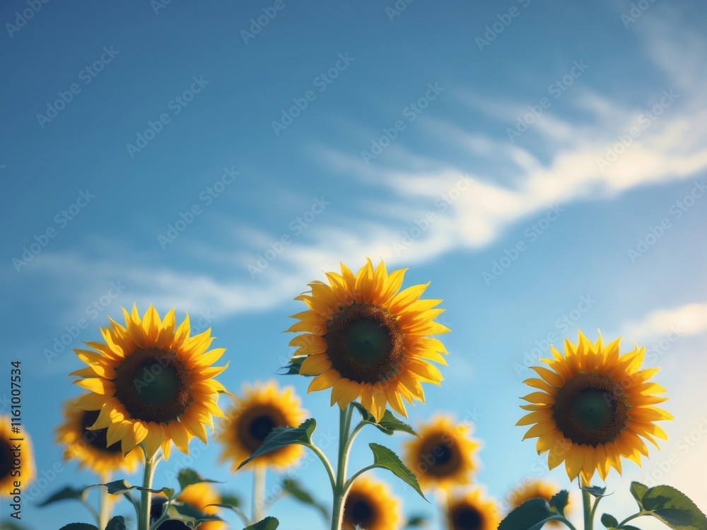 Fototapeta premium Cheerful sunflowers under bright blue sky