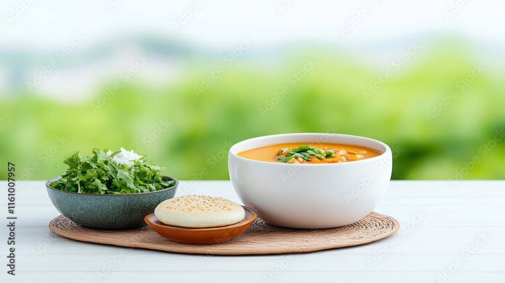 A bowl of soup with salad and bread on a table, outdoors. A bowl of soup with salad and bread on a table, outdoors.