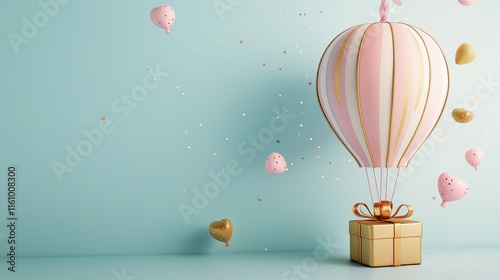 3D Rendering of a Pink and Gold Hot Air Balloon Carrying a Gift Box in the Sky, with a Cute Cartoon Style, Perfect for Valentine's Day with Empty Space for Text.