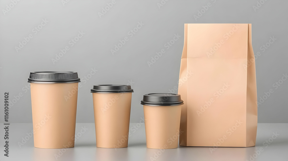 Beige Paper Cups and Bag 3D Illustration Beige Paper Cups and Bag 3D Illustration