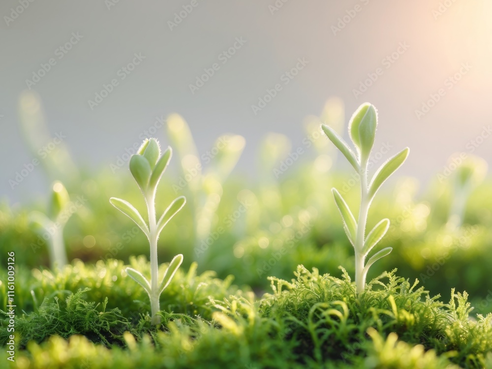 Dewy spring sprouts emerge from rich green moss under morning sunlight Dewy spring sprouts emerge from rich green moss under morning sunlight