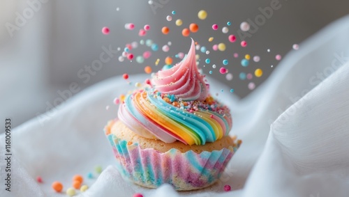 A sweet treat covered in colorful icing and topped with sprinkles photo