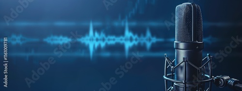 Microphone with sound waves in blue background.