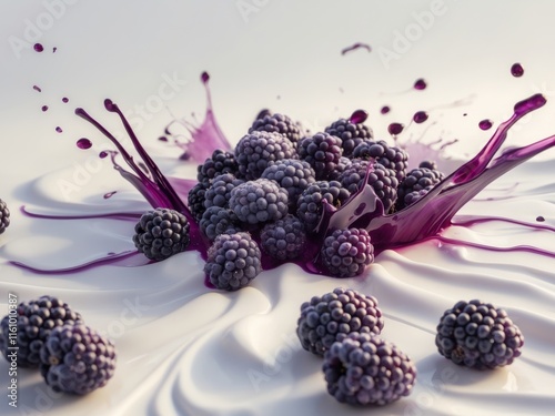 Blackberries scattered on a light surface with berry juice splashes creating a vibrant and fresh food presentation scene photo