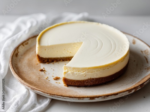 Creamy cheesecake served on wooden plate with a slice cut out for tasting delight photo