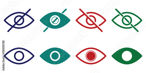 Invisible eye hide icon, incognito icon no eye view hidden icon set. Vision icon, unsee icons, eyesight symbol, sight look sign.