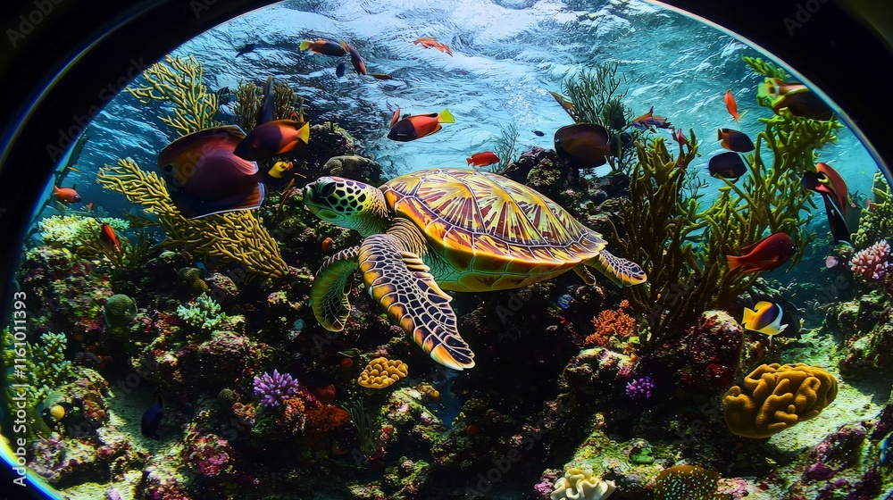 Fototapeta premium Sea turtle swimming amidst vibrant coral reef and colorful fish.