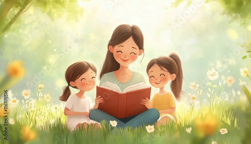 Beautiful Young Mother Reading A Book To Her Daughters In A Joyful And Loving Atmosphere Of A Happy Family. photo